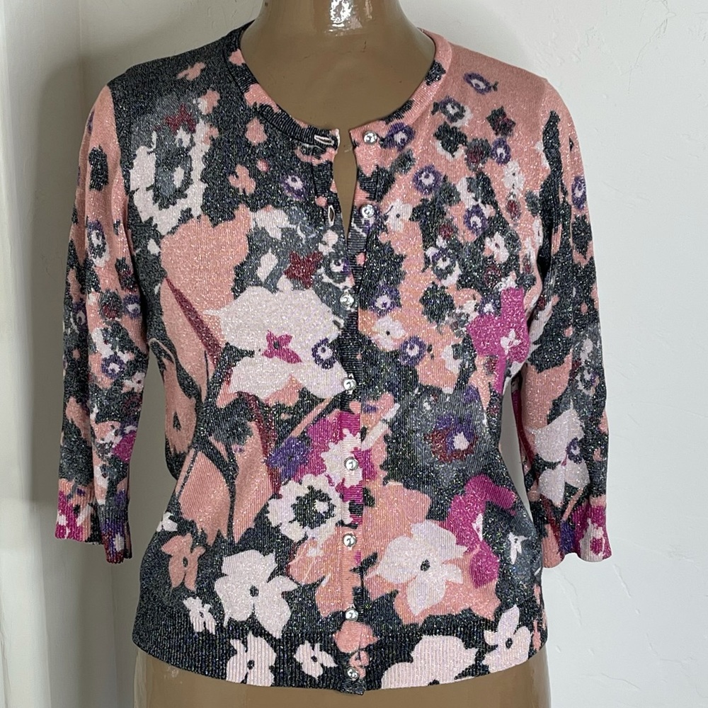 Joseph A Floral Silver Metallic 3/4 Sleeve Coral/Pink/Black Cardigan Siz…